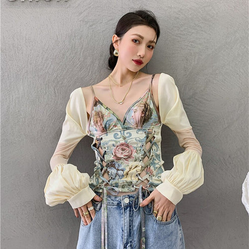 Chic Oil Painting Floral Woman Blouse Harajuku Vintage Lantern Sleeve Bandage Short Design Sexy Lady Shirt Tops Streetwear