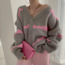 Load image into Gallery viewer, Chic Panelled V Neck Long Sleeve Sweater Single Breasted Elastic Knit Cardigan 2021 Fashion Tide Loose Women Tops Coat