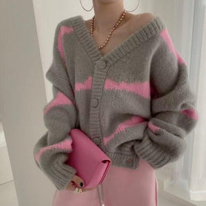 Chic Panelled V Neck Long Sleeve Sweater Single Breasted Elastic Knit Cardigan 2021 Fashion Tide Loose Women Tops Coat