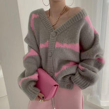 Load image into Gallery viewer, Chic Panelled V Neck Long Sleeve Sweater Single Breasted Elastic Knit Cardigan 2021 Fashion Tide Loose Women Tops Coat