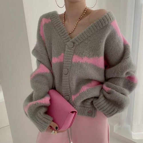 Chic Panelled V Neck Long Sleeve Sweater Single Breasted Elastic Knit Cardigan 2021 Fashion Tide Loose Women Tops Coat