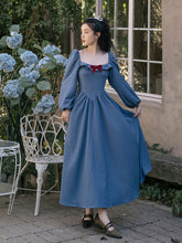 Load image into Gallery viewer, Chic Retro Princess Dress Woman Cottage Vintage Style Red Bow Puff Sleeve Square Collar Elastic Blue Dresses Vestido Festa