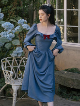 Load image into Gallery viewer, Chic Retro Princess Dress Woman Cottage Vintage Style Red Bow Puff Sleeve Square Collar Elastic Blue Dresses Vestido Festa