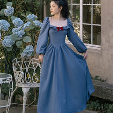 Load image into Gallery viewer, Chic Retro Princess Dress Woman Cottage Vintage Style Red Bow Puff Sleeve Square Collar Elastic Blue Dresses Vestido Festa