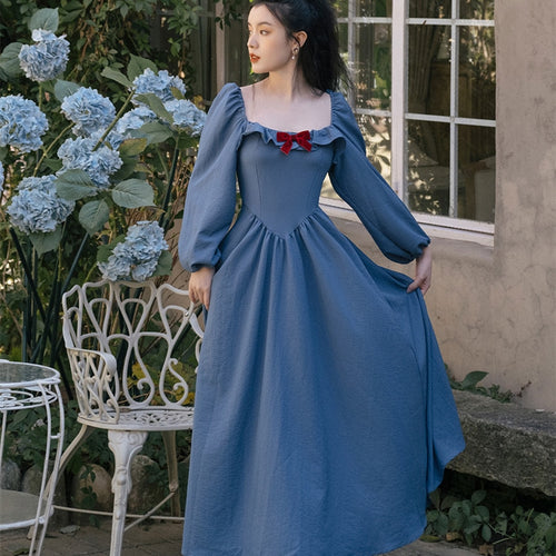 Chic Retro Princess Dress Woman Cottage Vintage Style Red Bow Puff Sleeve Square Collar Elastic Blue Dresses Vestido Festa