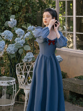 Load image into Gallery viewer, Chic Retro Princess Dress Woman Cottage Vintage Style Red Bow Puff Sleeve Square Collar Elastic Blue Dresses Vestido Festa