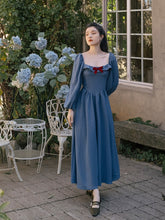 Load image into Gallery viewer, Chic Retro Princess Dress Woman Cottage Vintage Style Red Bow Puff Sleeve Square Collar Elastic Blue Dresses Vestido Festa
