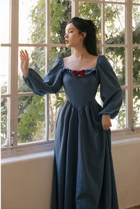 Chic Retro Princess Dress Woman Cottage Vintage Style Red Bow Puff Sleeve Square Collar Elastic Blue Dresses Vestido Festa