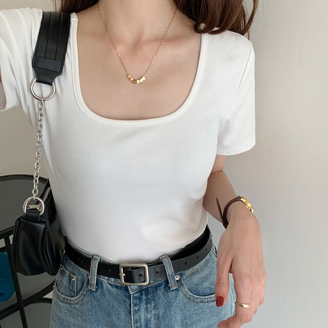 Chic Slim Bottoming Tee Summer Simple All Match Short Sleeve Tshirt Women Elegant Square Collar Dew Clavicle Solid Crop Top