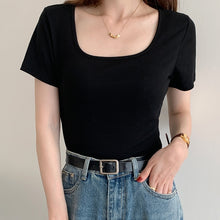 Load image into Gallery viewer, Chic Slim Bottoming Tee Summer Simple All Match Short Sleeve Tshirt Women Elegant Square Collar Dew Clavicle Solid Crop Top