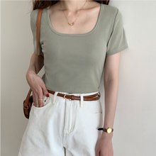 Load image into Gallery viewer, Chic Slim Bottoming Tee Summer Simple All Match Short Sleeve Tshirt Women Elegant Square Collar Dew Clavicle Solid Crop Top