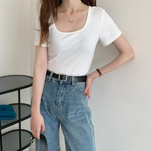 Load image into Gallery viewer, Chic Slim Bottoming Tee Summer Simple All Match Short Sleeve Tshirt Women Elegant Square Collar Dew Clavicle Solid Crop Top