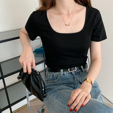 Load image into Gallery viewer, Chic Slim Bottoming Tee Summer Simple All Match Short Sleeve Tshirt Women Elegant Square Collar Dew Clavicle Solid Crop Top