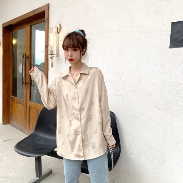 Chic Women Floral Shirt Female Korean Long Sleeves Blouses Office Ladies Casual Tops And Shirts
