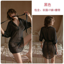 Load image into Gallery viewer, Chiffon Nightdress Women Sexy Lingerie Set  Perspective Skirt Thong Deep V Boyfriend Style Shirt Nightgowns Femme Sleepdwear