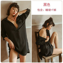 Load image into Gallery viewer, Chiffon Nighty Women&#39;s Sexy Nightgown Half Sleeves Deep V Boyfriend Shirt Femme Nightdress Thong Set Home Dress Thin Sleepwear