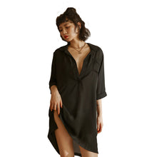 Load image into Gallery viewer, Chiffon Nighty Women&#39;s Sexy Nightgown Half Sleeves Deep V Boyfriend Shirt Femme Nightdress Thong Set Home Dress Thin Sleepwear