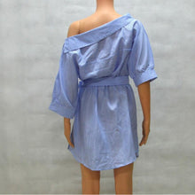 Load image into Gallery viewer, Chiffon Women Irregular Oblique Shoulder Blouse Striped Belt Shirt Dress 2021 Summer Short-Sleeved Fashion Women &#39;s Clothing