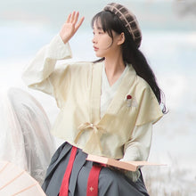 Load image into Gallery viewer, Chinese Style Embroidered Retro Hanfu Three Piece Set Women Diagonal Lace-up V-neck Blouse+Crop Vest+Streamer Pleated Dress Suit