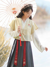 Load image into Gallery viewer, Chinese Style Embroidered Retro Hanfu Three Piece Set Women Diagonal Lace-up V-neck Blouse+Crop Vest+Streamer Pleated Dress Suit