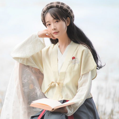Chinese Style Embroidered Retro Hanfu Three Piece Set Women Diagonal Lace-up V-neck Blouse+Crop Vest+Streamer Pleated Dress Suit