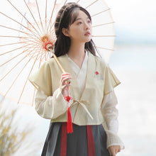 Load image into Gallery viewer, Chinese Style Embroidered Retro Hanfu Three Piece Set Women Diagonal Lace-up V-neck Blouse+Crop Vest+Streamer Pleated Dress Suit