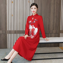 Load image into Gallery viewer, Chinese Style Embroidery Stand Collar Improved Cheongsam Women Autumn Long Sleeve Plus Size Loose Red New Year Midi Dress Female