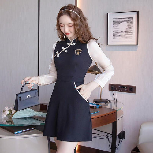 Chinese Style Improved Cheongsam Women Long Sleeve Stand Collar Retro Buckle High Waist Patchwork Vintage Mini Dress Female
