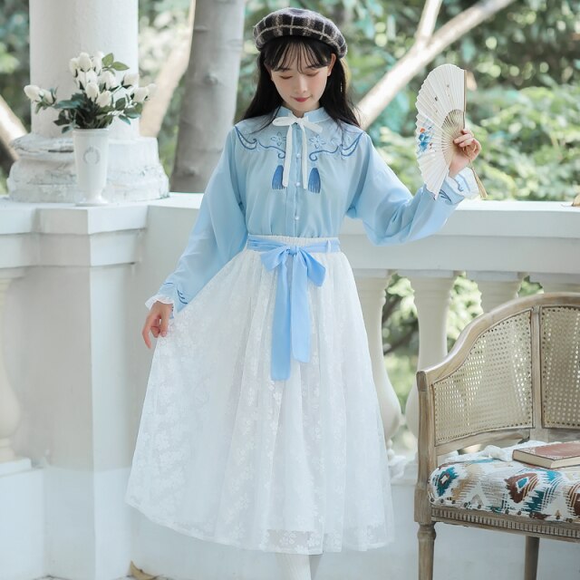 Chinese Style Improved Sweet Retro Hanfu Suit Women Autumn Embroidery Chic Blue Shirt Top+White Lace Fairy Skirt Shorts Sets