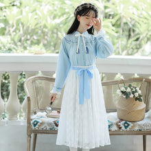 Load image into Gallery viewer, Chinese Style Improved Sweet Retro Hanfu Suit Women Autumn Embroidery Chic Blue Shirt Top+White Lace Fairy Skirt Shorts Sets