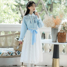 Load image into Gallery viewer, Chinese Style Improved Sweet Retro Hanfu Suit Women Autumn Embroidery Chic Blue Shirt Top+White Lace Fairy Skirt Shorts Sets