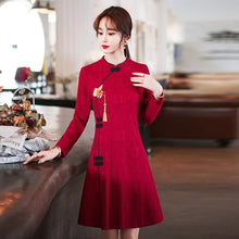 Load image into Gallery viewer, Chinese Style New Year Improved Cheongsam Women Autumn Long Sleeve Stand Collar Retro Buckle Elegant Slim Mini Dress Lady Qipao
