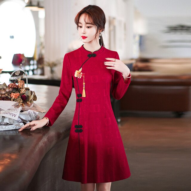 Chinese Style New Year Improved Cheongsam Women Autumn Long Sleeve Stand Collar Retro Buckle Elegant Slim Mini Dress Lady Qipao
