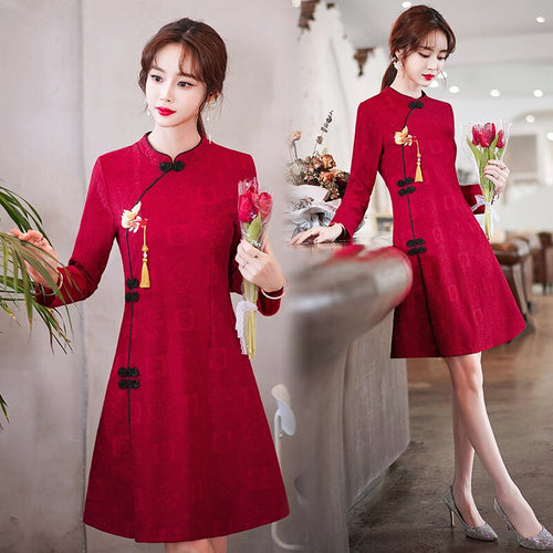 Chinese Style New Year Improved Cheongsam Women Autumn Long Sleeve Stand Collar Retro Buckle Elegant Slim Mini Dress Lady Qipao
