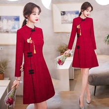 Load image into Gallery viewer, Chinese Style New Year Improved Cheongsam Women Autumn Long Sleeve Stand Collar Retro Buckle Elegant Slim Mini Dress Lady Qipao