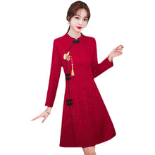 Load image into Gallery viewer, Chinese Style New Year Improved Cheongsam Women Autumn Long Sleeve Stand Collar Retro Buckle Elegant Slim Mini Dress Lady Qipao