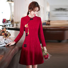Load image into Gallery viewer, Chinese Style New Year Improved Cheongsam Women Autumn Long Sleeve Stand Collar Retro Buckle Elegant Slim Mini Dress Lady Qipao