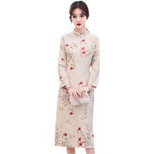 Load image into Gallery viewer, Chinese Style Vintage Print Suede Improved Cheongsam Women Stand Collar Autumn Young Modern Knee Length Dress Female Clothes