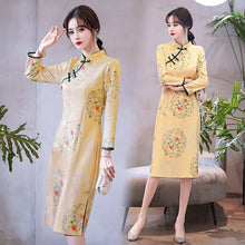 Load image into Gallery viewer, Chinese Style Vintage Print Suede Improved Cheongsam Women Stand Collar Autumn Young Modern Knee Length Dress Female Clothes