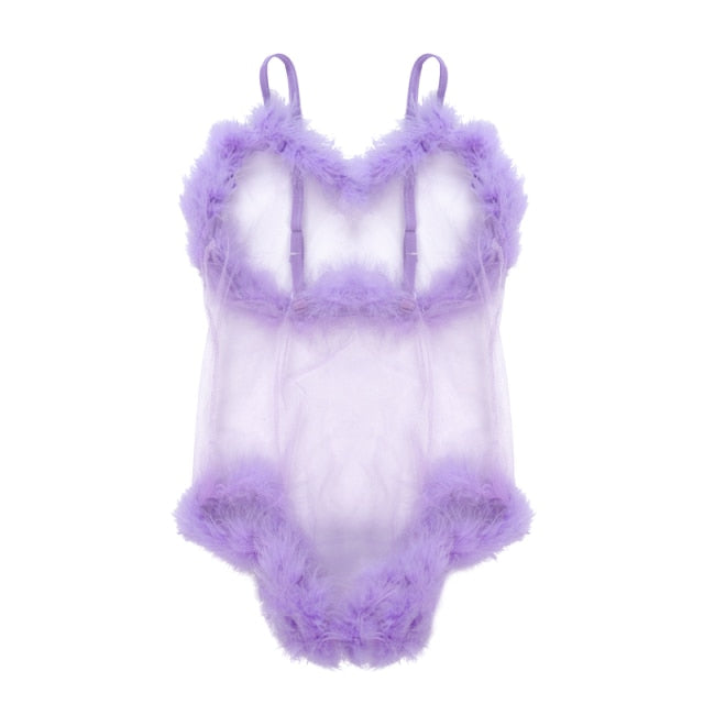 Christmas Costume V-Neck Mesh Sheer Sexy Lingerie Bodysuit Erotic Spaghetti Strap Jumpsuits For Women Feather Patchwork Wear