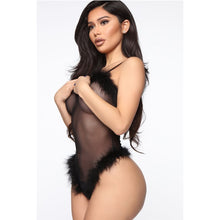 Load image into Gallery viewer, Christmas Costume V-Neck Mesh Sheer Sexy Lingerie Bodysuit Erotic Spaghetti Strap Jumpsuits For Women Feather Patchwork Wear