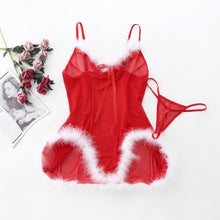 Load image into Gallery viewer, Christmas Erotic Dress for Women Sexy Feather V-neck Strap Night Dress Perspective Lace Sexy Underwear Erotic Lingerie Sleepwear