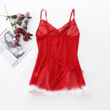 Load image into Gallery viewer, Christmas Erotic Dress for Women Sexy Feather V-neck Strap Night Dress Perspective Lace Sexy Underwear Erotic Lingerie Sleepwear