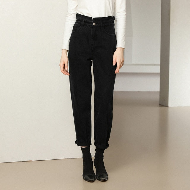 Classic Jeans Women High Waist Loose Black Denim Pants 100%Cotton Ruffle Elastic Waist Female Fashion Autumn Winter New Jean