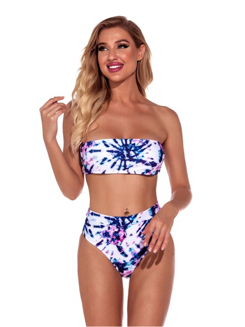 Closed Swimsuit Women's Swimwear Swimsuit Bandeau Blue Printing Strapless One Word Collar Casual