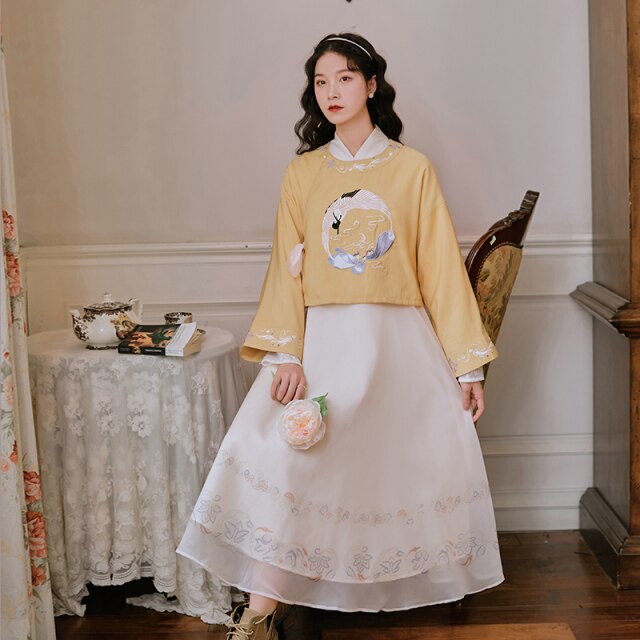 College Style Retro Hanfu Two Piece Set Women Autumn Cross-collar Bow Tie Crop Top+Long Sleeved Chiffon Print Dress Suit Fall