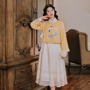 College Style Retro Hanfu Two Piece Set Women Autumn Cross-collar Bow Tie Crop Top+Long Sleeved Chiffon Print Dress Suit Fall