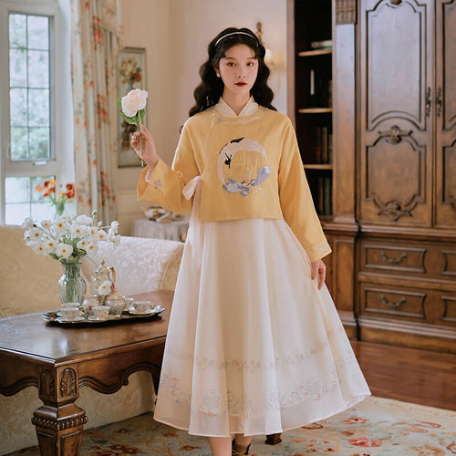 College Style Retro Hanfu Two Piece Set Women Autumn Cross-collar Bow Tie Crop Top+Long Sleeved Chiffon Print Dress Suit Fall