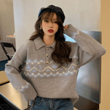 Load image into Gallery viewer, College Style Retro POLO Collar Pullover Jacquard Sweater Female Student Korean Version Loose Knit Sweater Coat Jacket