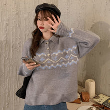 Load image into Gallery viewer, College Style Retro POLO Collar Pullover Jacquard Sweater Female Student Korean Version Loose Knit Sweater Coat Jacket